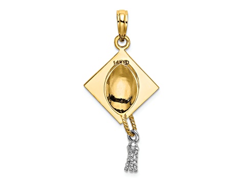 14K Yellow Gold 3-D Graduation Cap with White Rhodium Moveable Tassle Charm