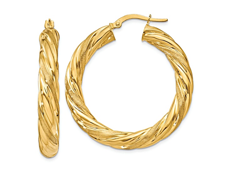 14k Yellow Gold Satin and Polished 1 1/2" Twisted Hoop Earrings