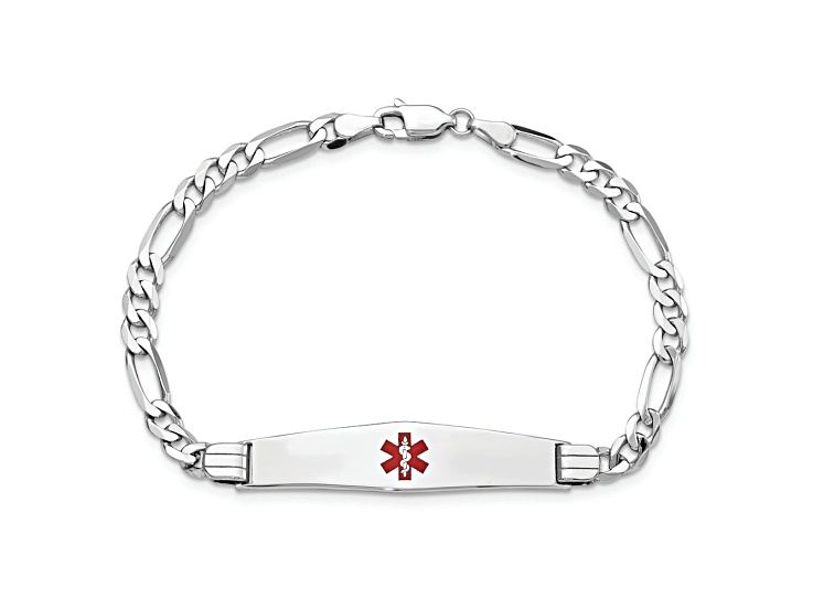 Rhodium Over 14k White Gold Medical Soft Diamond Shape Red Enamel Figaro Link ID Bracelet