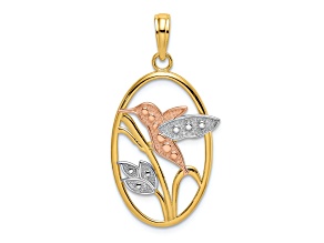 14k Tri-color Gold Hummingbird and Flowers In Oval Frame Charm