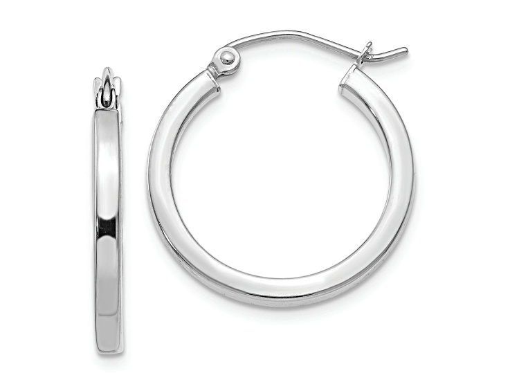 Rhodium Over 14k White Gold 13/16 inch Square Tube Hoop Earrings
