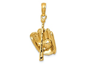 14k Yellow Gold 3D Polished and Textured Glove/Bat/Baseball Pendant