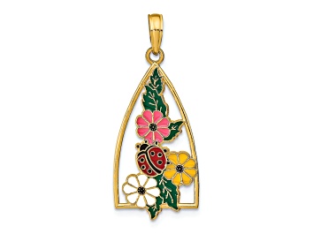 Picture of 14k Yellow Gold Enameled Ladybug and Flowers Triangle Pendant