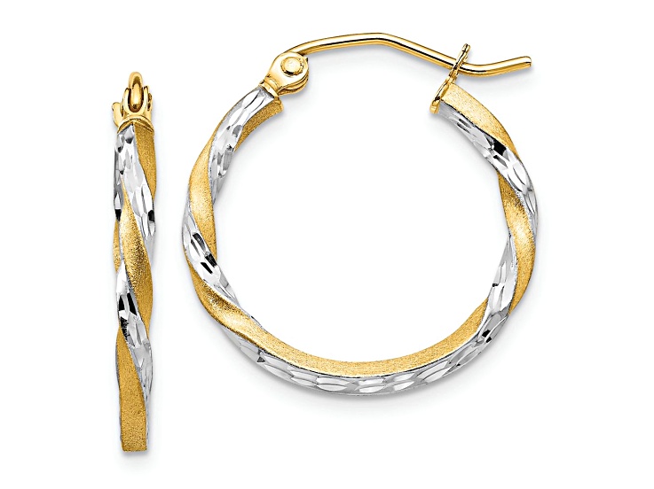 14k Yellow Gold and Rhodium Over 14k Yellow Gold Satin and Diamond Cut 13/16" Twisted Hoop Earrings