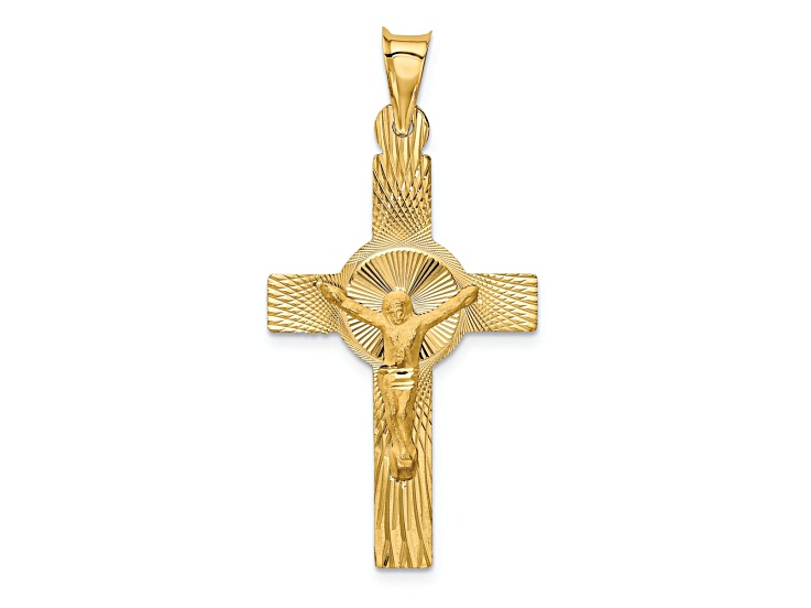 14k Yellow Gold Polished Satin and Diamond-Cut Crucifix Pendant