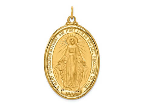 14k Yellow Gold Solid Polished and Satin Extra Large Oval Miraculous Medal Pendant