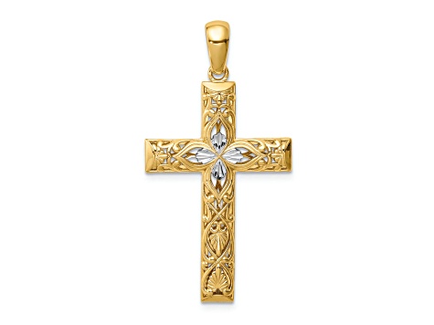 Rhodium Over 14K Two-tone Gold Diamond-cut Cross Pendant