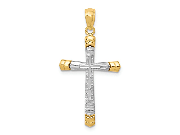 14K Two-tone Gold Polished, Textured and Diamond-Cut Cross Pendant