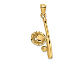 14k Yellow Gold Solid Textured Open-Backed Glove, Bat and Baseball Charm