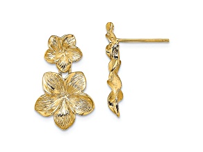 14k Yellow Gold Textured Double Plumeria Flower Dangle Earrings