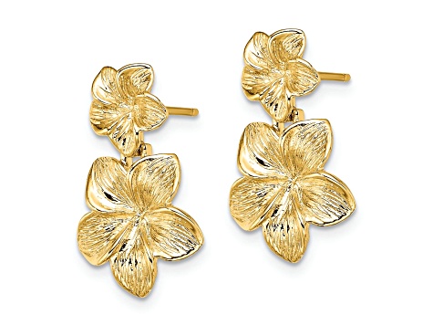 14k Yellow Gold Textured Double Plumeria Flower Dangle Earrings