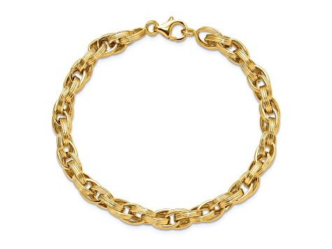 14K Yellow Gold Polished and Grooved Fancy Oval Link Bracelet