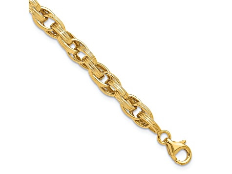 14K Yellow Gold Polished and Grooved Fancy Oval Link Bracelet