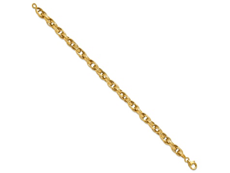 14K Yellow Gold Polished and Grooved Fancy Oval Link Bracelet