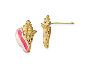 14k Yellow Gold Textured White and Pink Enamel Conch Shell Stud Earrings