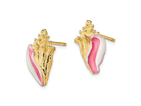 14k Yellow Gold Textured White and Pink Enamel Conch Shell Stud Earrings