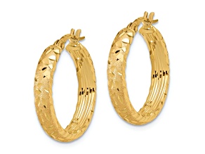 14k Yellow Gold Satin and Diamond-Cut 11/16" Hoop Earrings