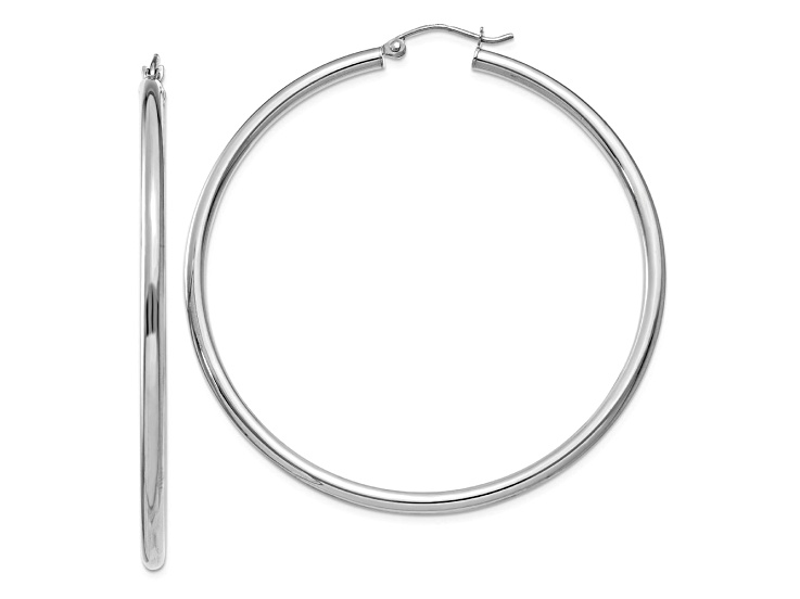 Rhodium Over 10k White Gold Polished 2 3/16" Tube Hoop Earrings