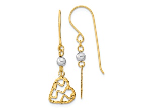 14K Two-tone Gold Satin and Diamond-Cut Heart Dangle Earrings