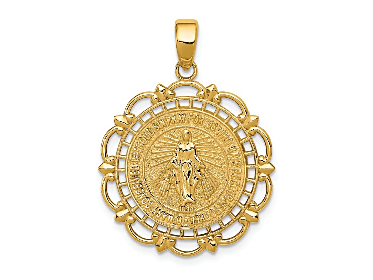 10K Yellow Gold Polished and Textured Miraculous Medal with Scallop Frame Pendant
