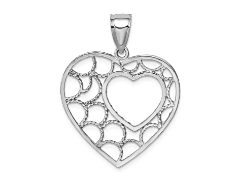 Rhodium Over 14k White Gold Diamond-Cut Heart Pendant