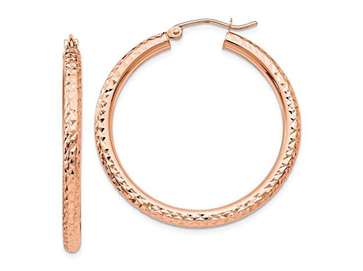 10k Rose Gold 1 3/8" Diamond-Cut Round Hoop Earrings