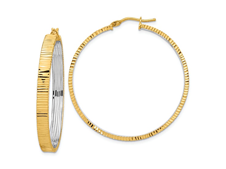 14k Yellow Gold and Rhodium Over 14k Yellow Gold 1 9/16" Polished & Diamond-Cut Circle Hoop Earrings