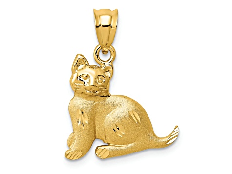 14k Yellow Gold Satin and Diamond-Cut Cat pendant