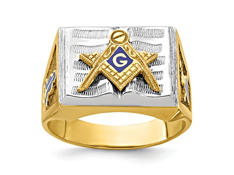 10K Two-Tone Yellow and White Gold Men's Textured Blue Lodge Master Masonic Ring