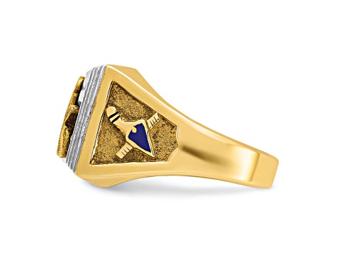 10K Two-Tone Yellow and White Gold Men's Textured Blue Lodge Master Masonic Ring