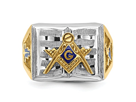 10K Two-Tone Yellow and White Gold Men's Textured Blue Lodge Master Masonic Ring