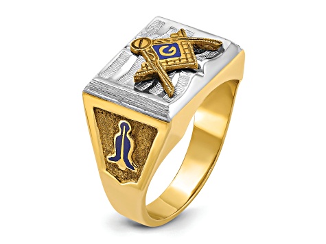 10K Two-Tone Yellow and White Gold Men's Textured Blue Lodge Master Masonic Ring