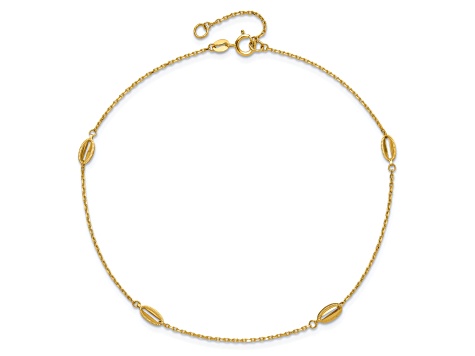 14K Yellow Gold Polished and Textured Station 9-inch Plus 1-inch Extension Anklet