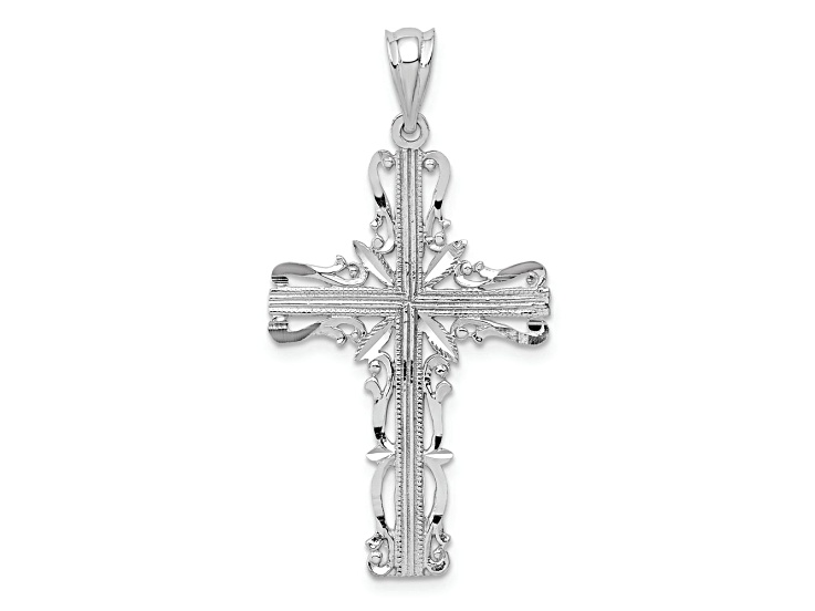 Rhodium Over 14k White Gold Diamond-Cut and Brushed Latin Cross Pendant