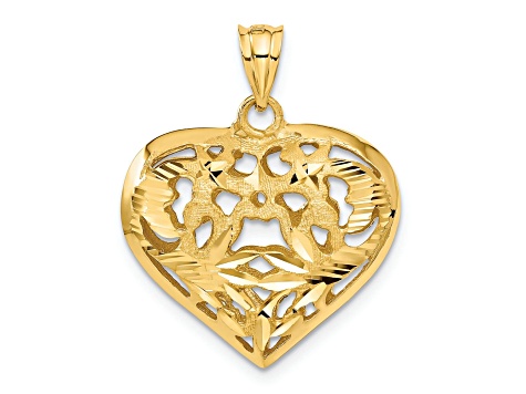 14k Yellow Gold 3D Satin and Diamond-Cut Fancy Heart Pendant