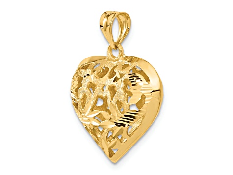 14k Yellow Gold 3D Satin and Diamond-Cut Fancy Heart Pendant