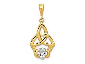 Picture of 14K Yellow Gold with White Rhodium Diamond-Cut Claddagh Pendant