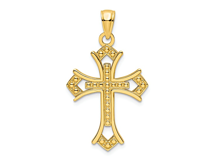 14k Yellow Gold Polished Beaded Textured Cross Pendant