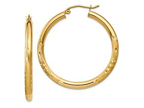 14k Yellow Gold 1 3/8" Satin and Diamond-Cut Round Hoop Earrings