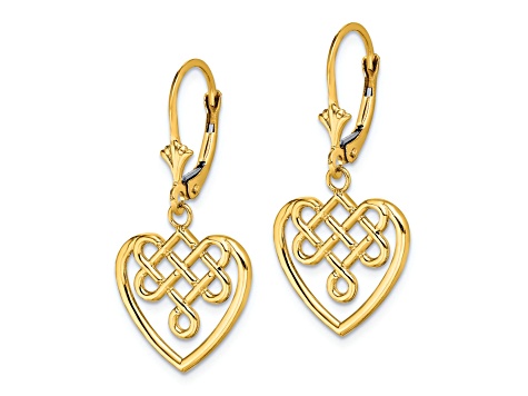 14k Yellow Gold Celtic Knot Heart Dangle Earrings
