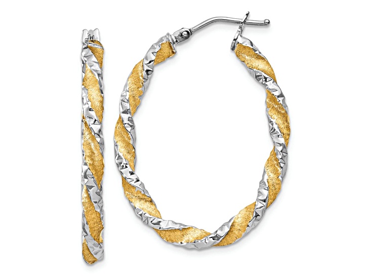 14k White Gold and Yellow Rhodium Over 14k White Gold 3/4" Diamond-Cut Twisted Oval Hoop Earrings