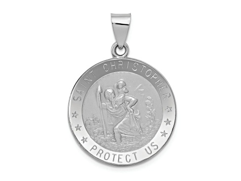 Rhodium Over 14k White Gold Polished and Satin Saint Christopher Medal Pendant