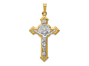 14K Yellow Gold with White Rhodium St. Benedict Hollow Medal INRI Crucifix Pendant