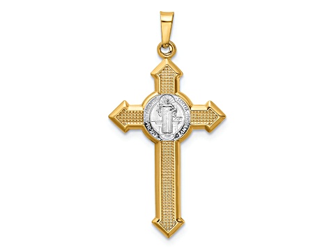 14K Yellow Gold with White Rhodium St. Benedict Hollow Medal INRI Crucifix Pendant
