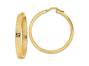14k Yellow Gold 1 7/16" Textured Greek Key Hoop Earrings