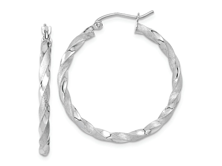 Rhodium Over 10k White Gold 1 1/4" Polished and Satin Twisted Hoop Earrings