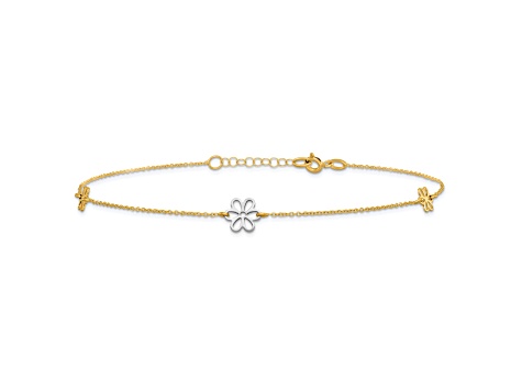 14K Two-tone Polished Flower with 1-inch Extension Anklet