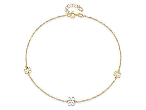 14K Two-tone Polished Flower with 1-inch Extension Anklet