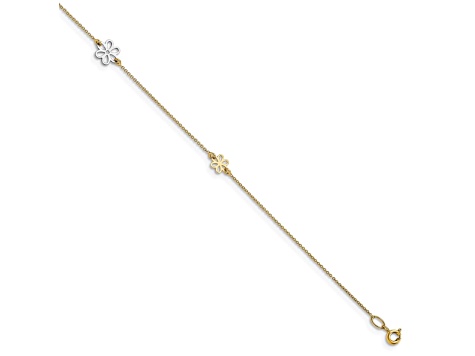 14K Two-tone Polished Flower with 1-inch Extension Anklet