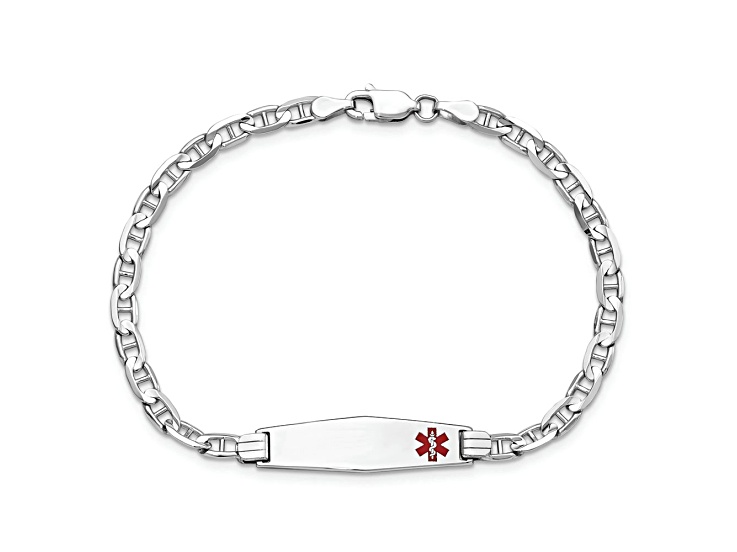 Rhodium Over 14k White Gold Medical Soft Diamond Shape Red Enamel Mariner Link ID Bracelet